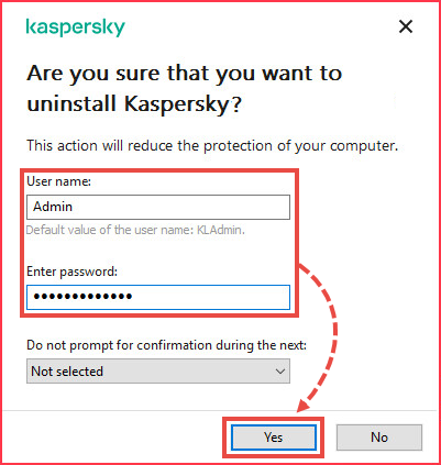 Entering the password to remove a Kaspersky application.