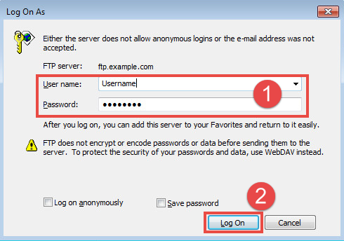Image: how to enter username and password to access the FTP server