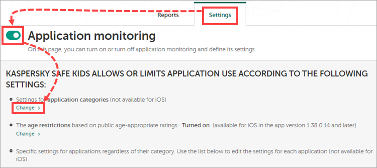 Application monitoring settings in My Kaspersky.