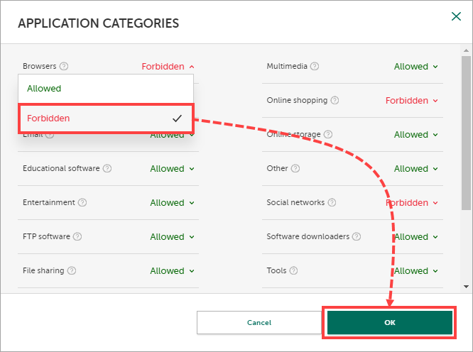 Application categories view in My Kaspersky with the Browser category drop-down menu expanded.