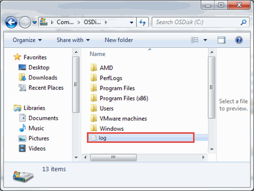 Image: the C: folder window with a log file