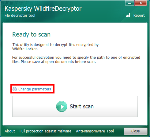 Opening the scan settings of WildfireDecryptor