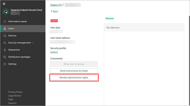 Revoking administrator rights in Kaspersky Endpoint Security Cloud