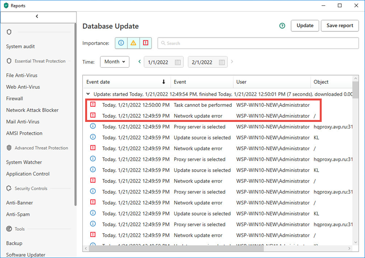 The Detailed reports window in a Kaspersky application