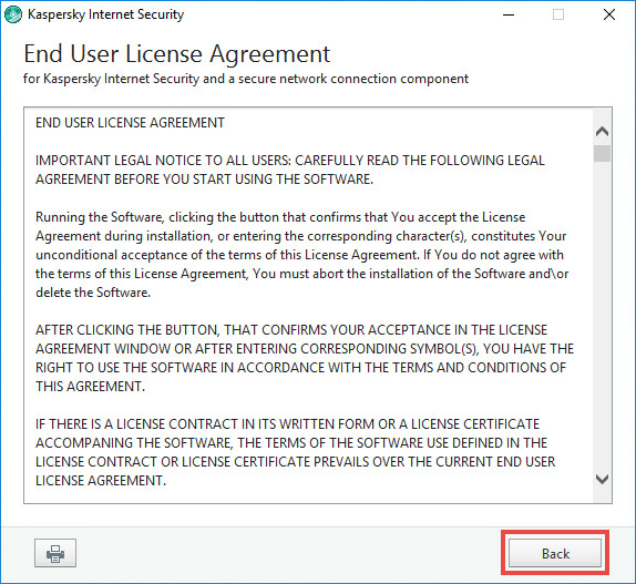 Image: the License Agreement window of Kaspersky Internet Security 2018