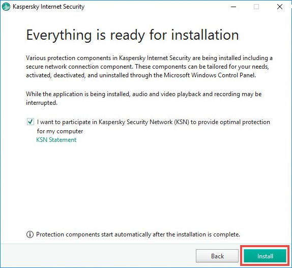 Image: the notification on installing additional components in Kaspersky Internet Security 2018.