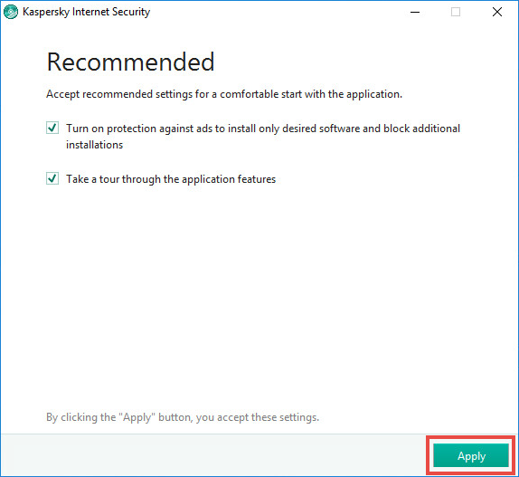 Image: the recommended settings window in Kaspersky Internet Security 2018