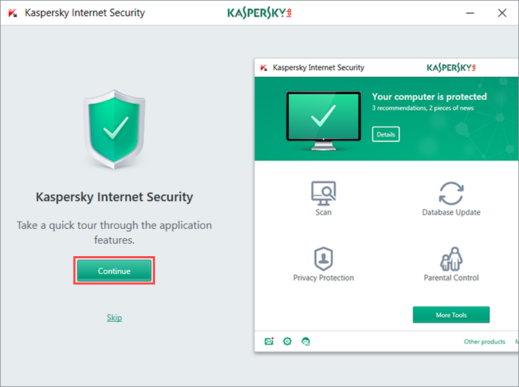 Image: the quick tour window of Kaspersky Internet Security 2018