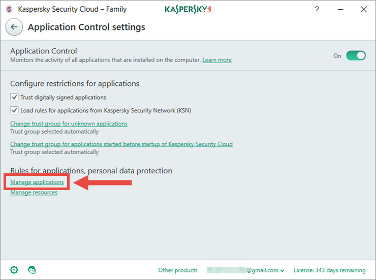 Image: the Application Control settings window in Kaspersky Security Cloud