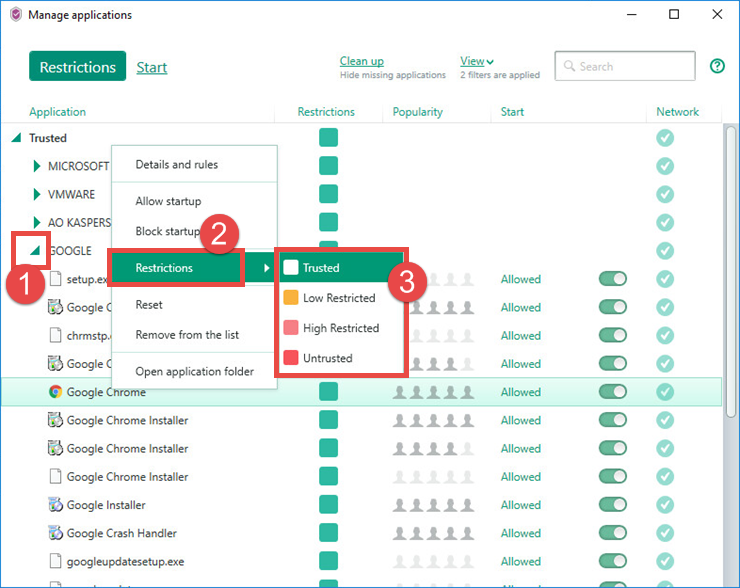 Image: setting up restrictions for an application in Kaspersky Security Cloud