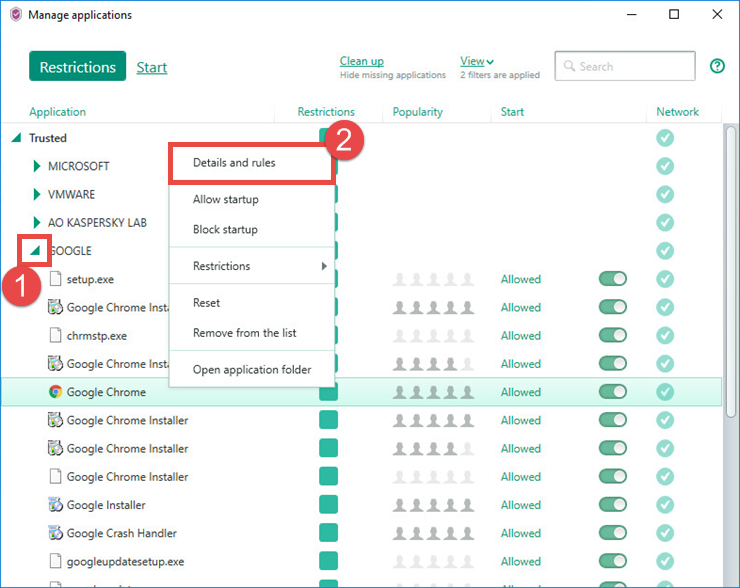 Image: setting up restrictions for an application in Kaspersky Security Cloud