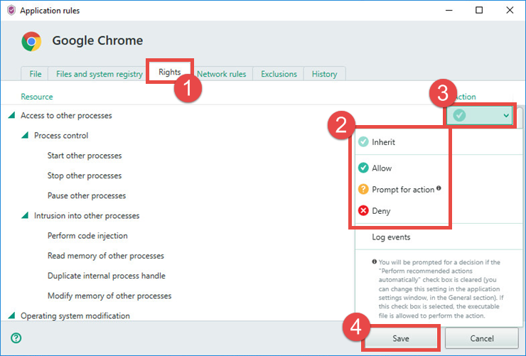 Image: the Application rules window of Kaspersky Security Cloud