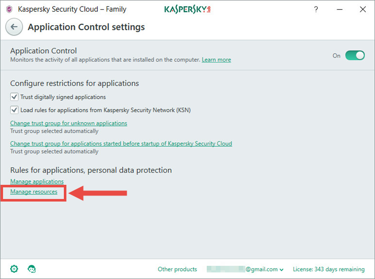 Image: the Application Control settings window in Kaspersky Security Cloud