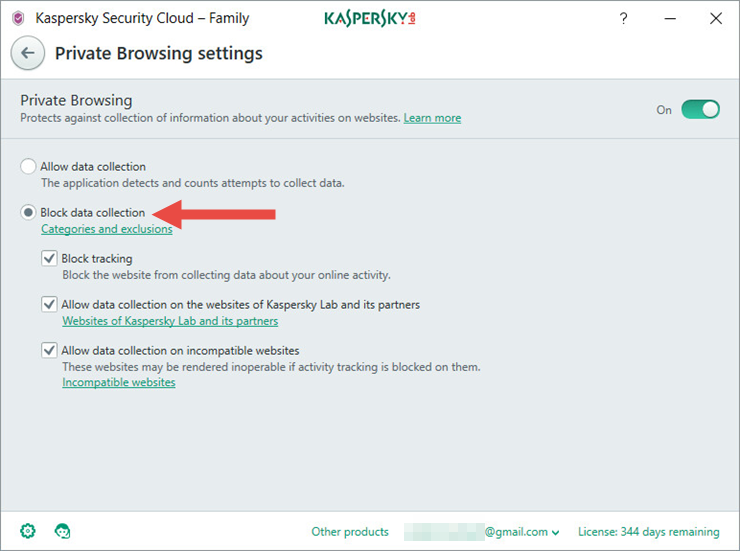 Image: the Private Browsing settings window in Kaspersky Security Cloud