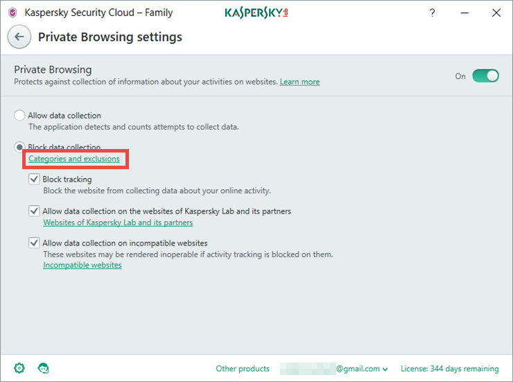 Image: the Private Browsing settings window in Kaspersky Security Cloud