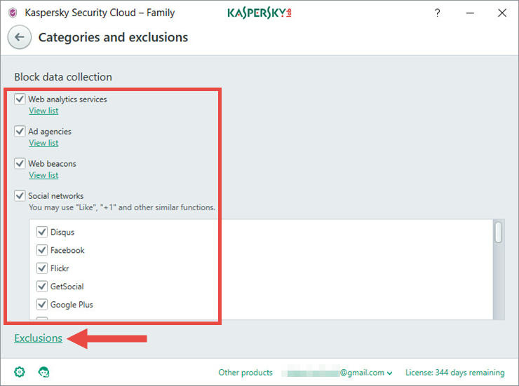 Image: the Categories and exclusions  window of Kaspersky Security Cloud