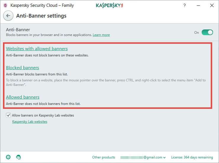 Image: the Anti-Banner settings in Kaspersky Security Cloud