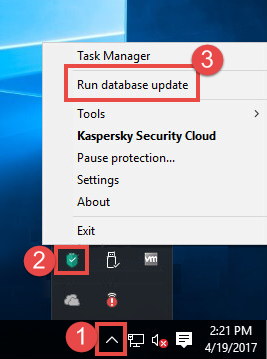 Image: starting an update task in Kaspersky Security Cloud