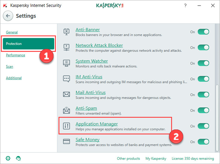 Image: Kaspersky Internet Security Settings window