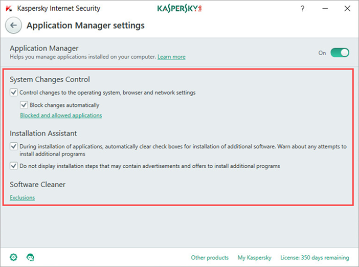 Image: Kaspersky Internet Security 2018 Application Manager settings window