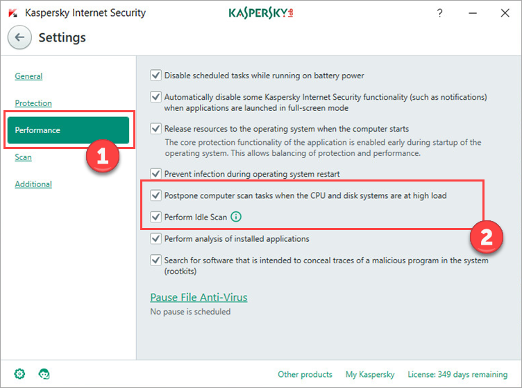 Image: configuring scan and update tasks in Kaspersky Internet Security 