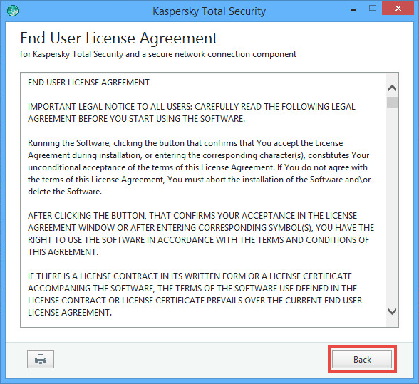 End User License Agreement in Kaspersky Total Security 2018