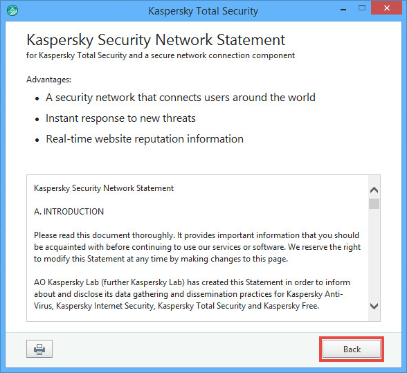 Kaspersky Security Network Statement in Kaspersky Total Security 2018