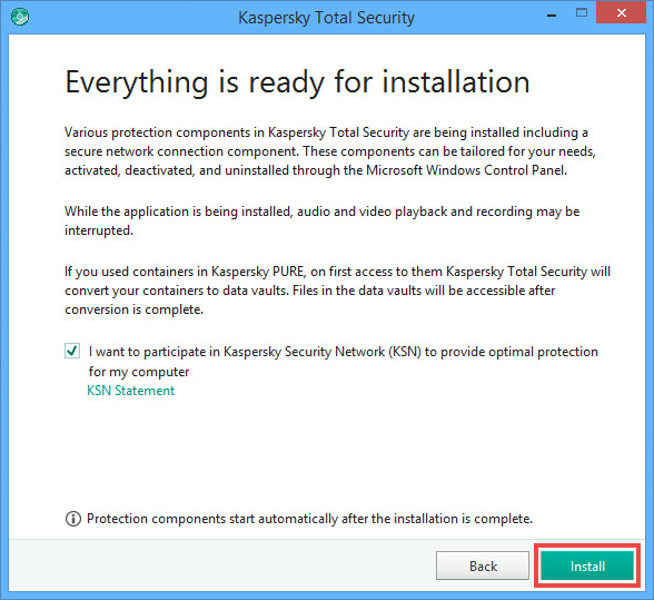 Message about the installation of additional components in Kaspersky Total Security 2018