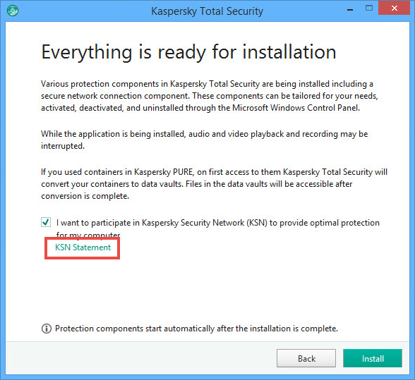 Opening the Kaspersky Security Network Statement in Kaspersky Total Security 2018