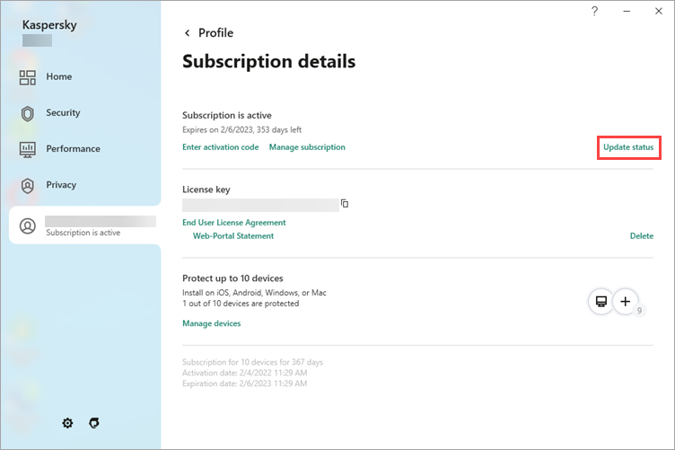 Updating the subscription status in a Kaspersky application.