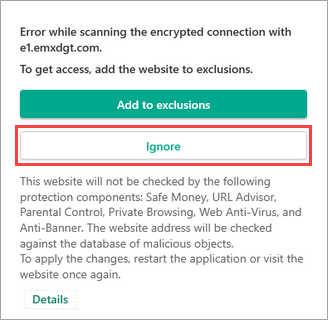 Error during an encrypted connection scan in a Kaspersky application.