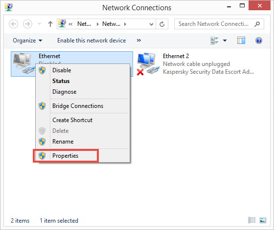 The Network connections window 