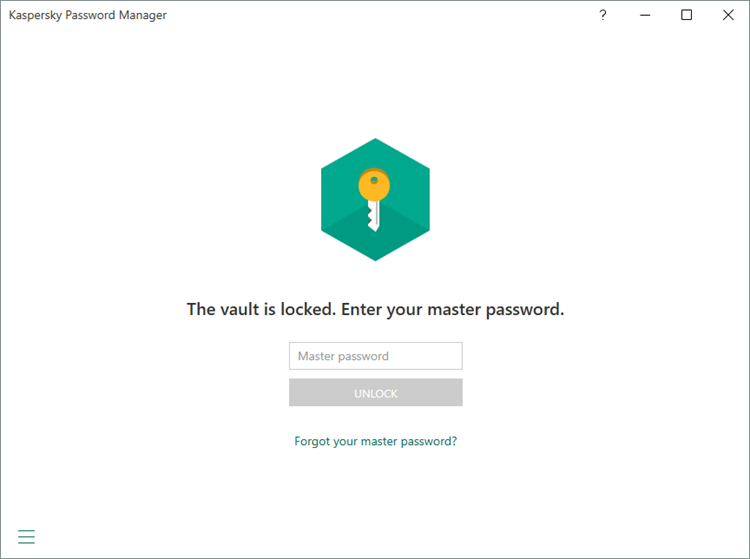 The main password window in Kaspersky Password Manager