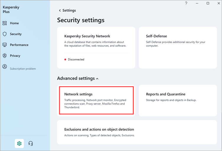 Opening the network settings of a Kaspersky application.