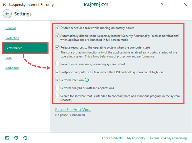 Image: the Settings window of Kaspersky Internet Security 2017