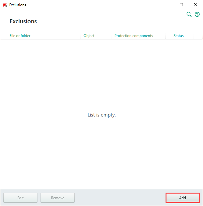 Image:  the Exclusions window of Kaspersky Internet Security 2018