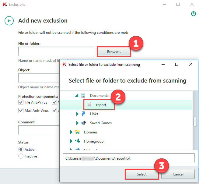 Image: Add file or folder to exclusions window in Kaspersky Internet Security 2018