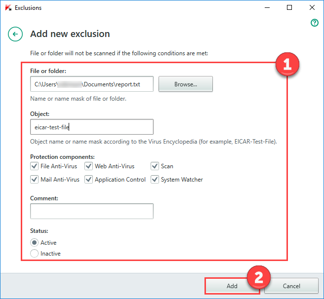 Image: the Add new exclusion window in Kaspersky Internet Security 2018