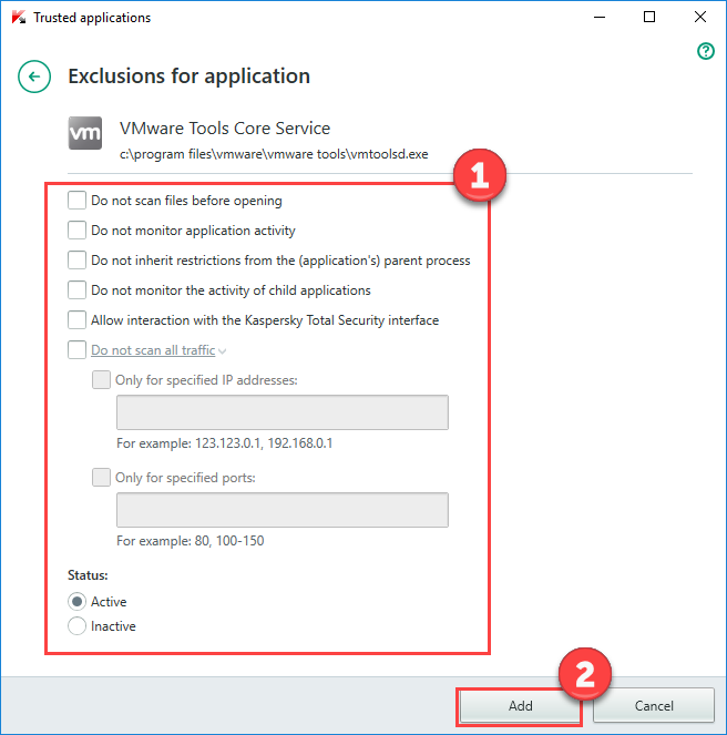 Image: Exclusions for applications window in Kaspersky Internet Security 2018