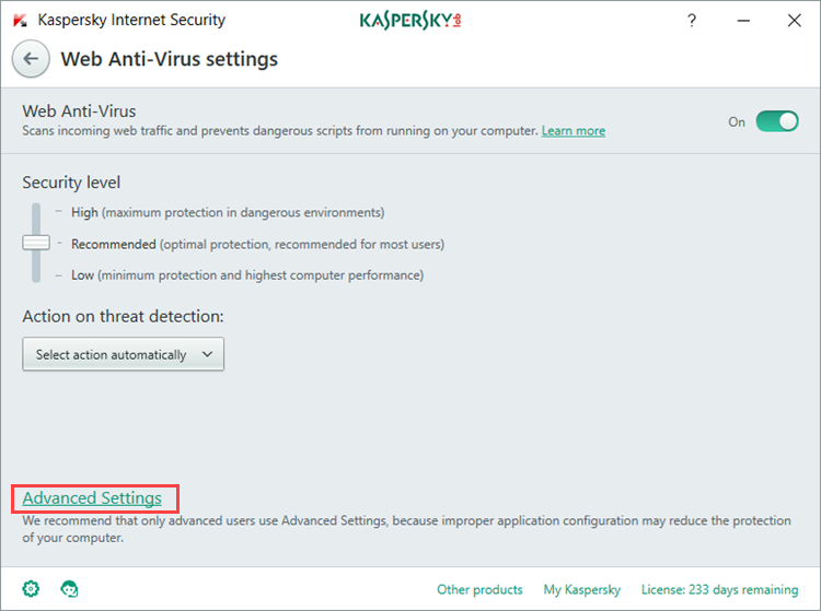 Image:  Web Anti-Virus settings in Kaspersky Internet Security 2018