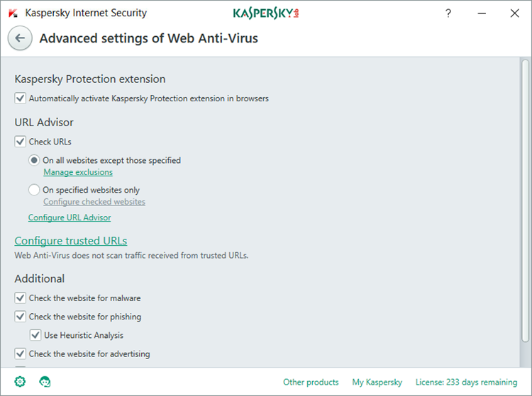 Image: advanced Web Anti-Virus settings in Kaspersky Internet Security 2018