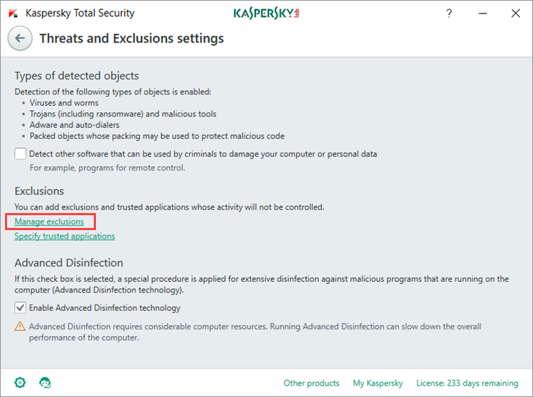 Image: Threats and Exclusions settings window in Kaspersky Total Security 2018