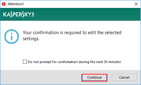 Image: Attention dialog box in Kaspersky Total Security 2018