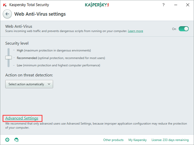 Image: Web Anti-Virus settings in Kaspersky Total Security 2018