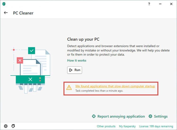 The PC Cleaner tool in the Kaspersky application