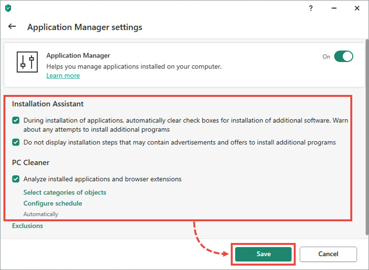The Application Manager settings window in a Kaspersky application