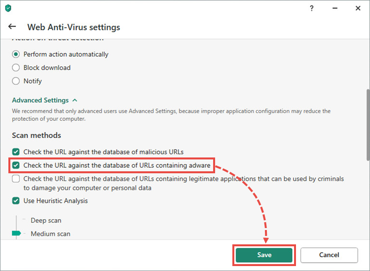 The Web Anti-Virus settings window in a Kaspersky application