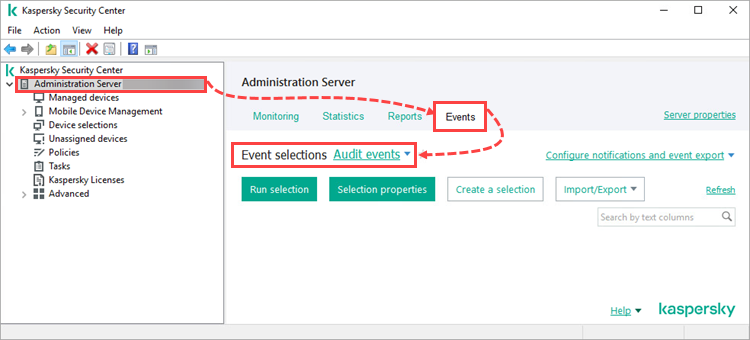 Selecting audit events in Kaspersky Security Center.