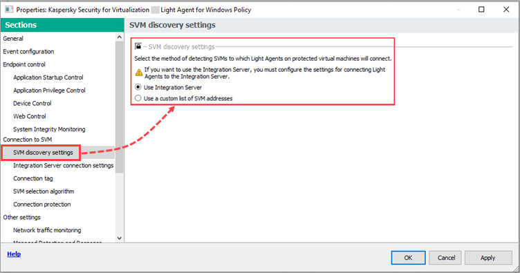 The SVM discovery settings of the Light Agent policy of Kaspersky Security for Virtualization.
