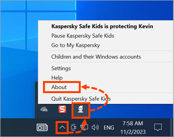 Accessing the “About” menu in Kaspersky Safe Kids for Windows.